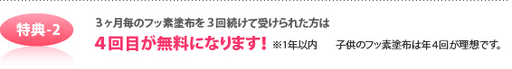 特典-2 3ヶ月毎のフッ素塗布を3回続けて受けられた方は4回目が無料になります!※1年以内 子供のフッ素塗布は年4回が理想です。